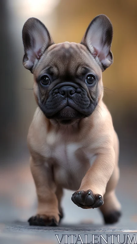 Playful French bulldog puppy strides forward in soft daylight