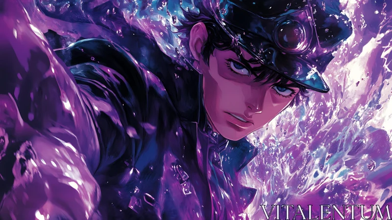 Intense anime hero in violet liquid energy surge portrait.
