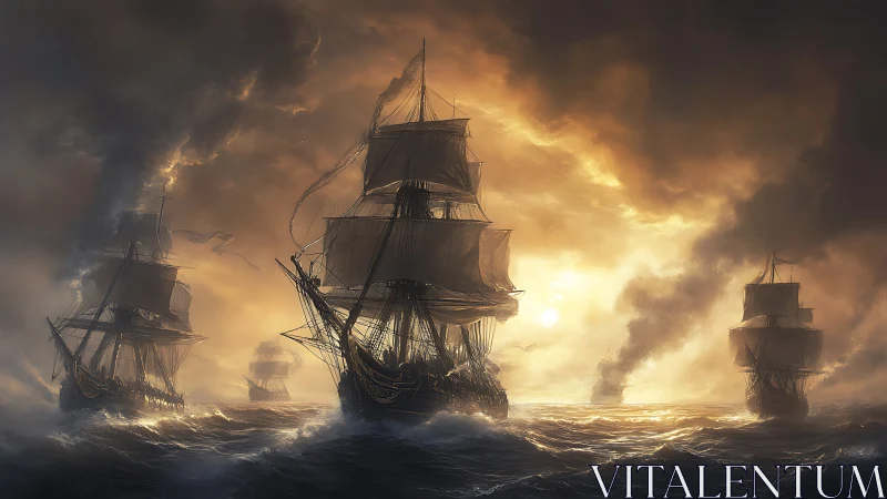 Sunlit storm chase with tall ships and glowing horizons.
