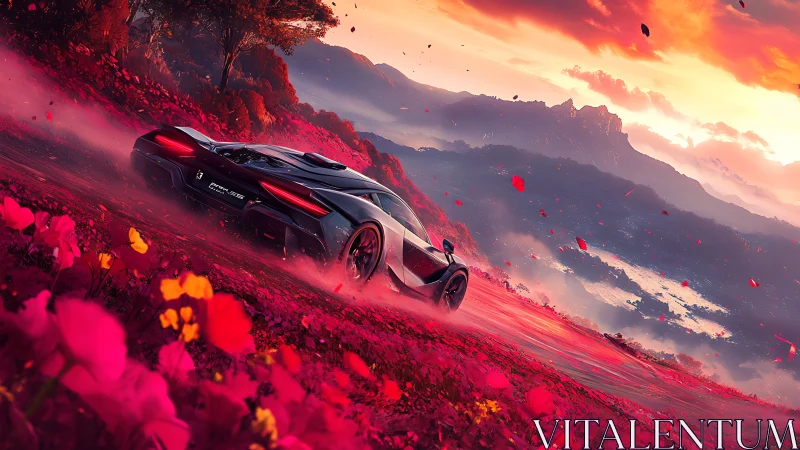 Futuristic hypercar drifts through neon scarlet valley at dusk.