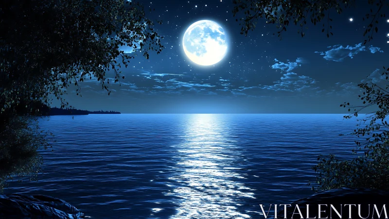 Moonlit shoreline wrapped in dreamy midnight stillness.