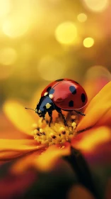 Ladybug in golden bokeh, strolling across a sunflower sunset.