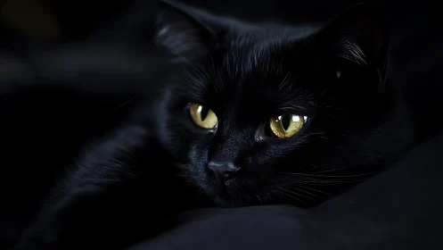 Black Cat with Yellow Eyes in Dark Setting