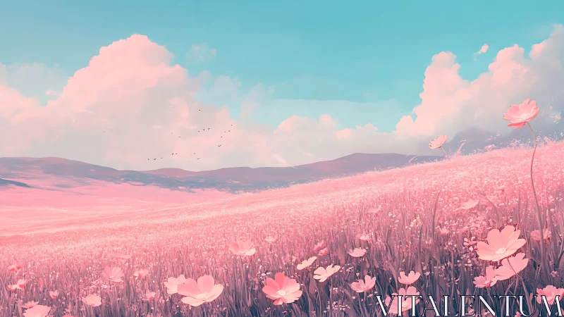 Pink flower field slopes under clear cyan sky with clouds