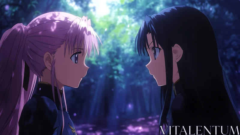 Two anime girls in forest clearing under diffuse violet light