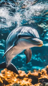 Playful dolphin glides through sunlit tropical shallows.