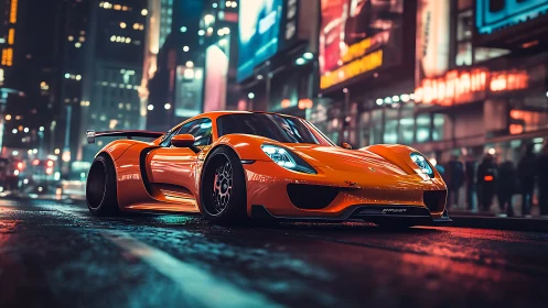 Orange supercar glows against neon-drenched city night streets.