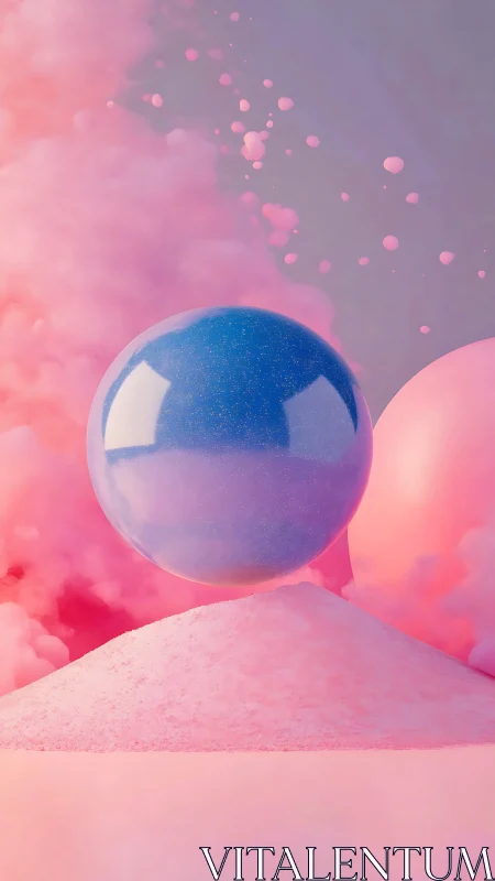 Glowing blue sphere hovers above dreamy pink powder clouds