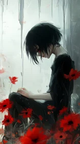 Melancholic dark haired figure seated among red flowers.