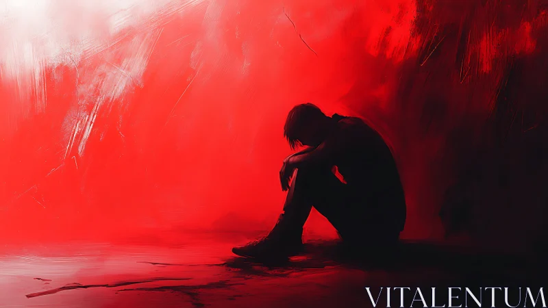 Solitary figure in red chiaroscuro environment, crouched silhouette
