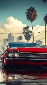 Low red classic car cruises wet city street at sunrise