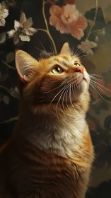 Ginger Cat Gazing Upward Among Floral Blooms.
