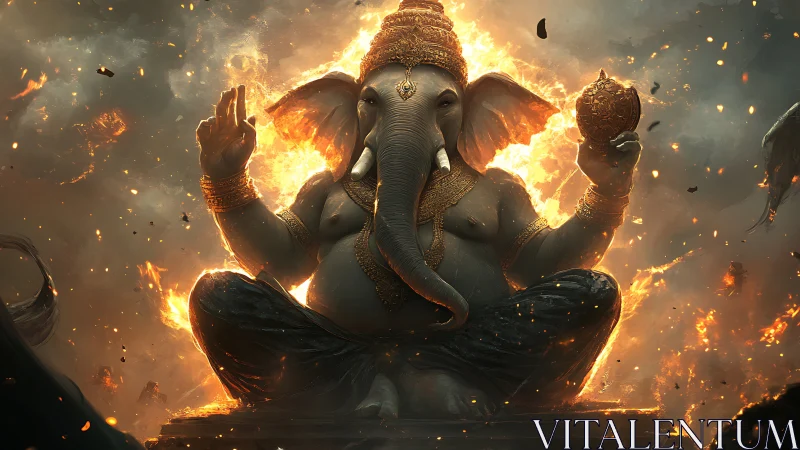 Flaming elephant sage floats calmly within molten twilight