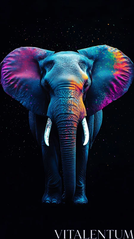 Gentle rainbow elephant glowing softly against night sky.