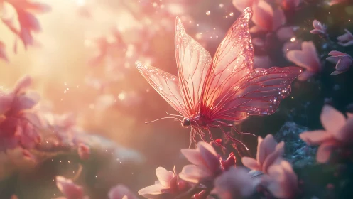 Pink translucent butterfly among softly lit blossoms.