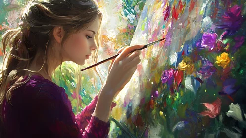 Young painter weaving wild florals into swirling daylight.