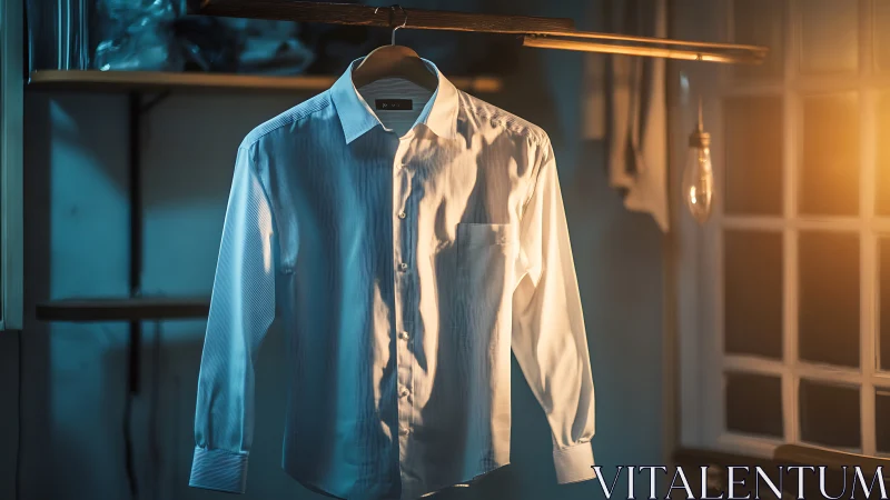 Crisp Blue Dress Shirt Hanging Under Warm Golden Ambient Lighting.