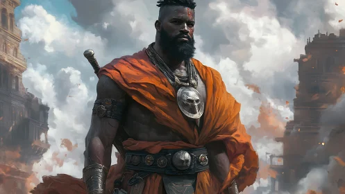 Warrior stands in ruined cityscape under dense cloud cover