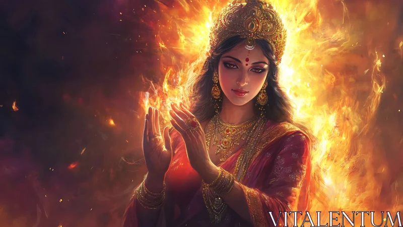 Divine fire goddess in radiant gold and crimson robes.