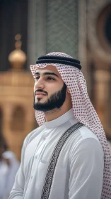 Man in traditional attire stands outdoors in soft daylight