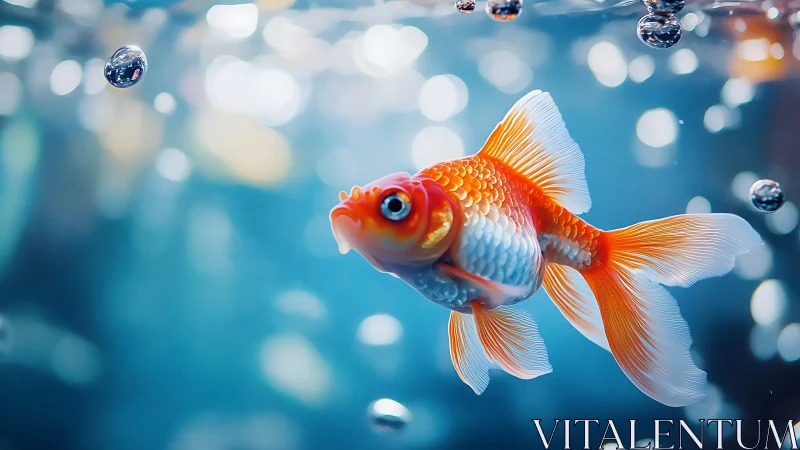 Vibrant goldfish glides through shimmering blue water light
