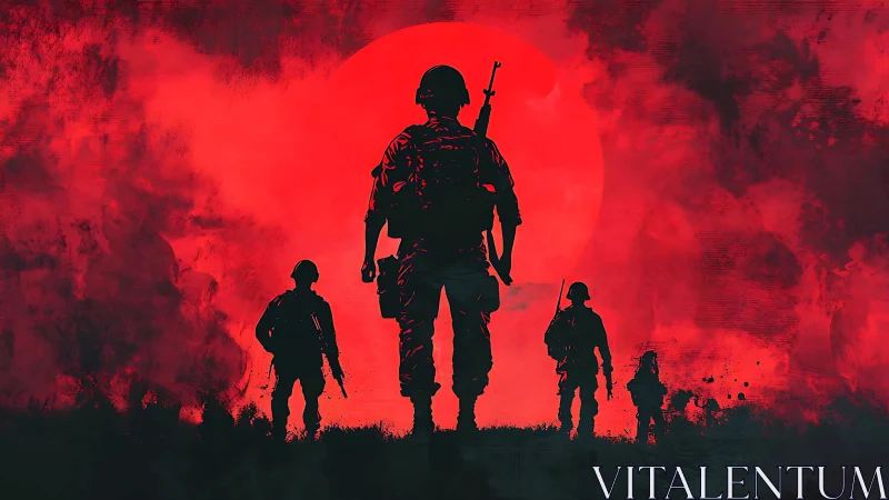 Silhouetted soldiers advance before blazing red war sun.
