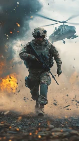 Soldier running through explosion with helicopter support.