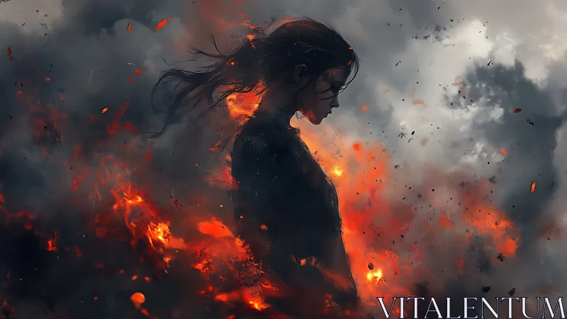 Firelit heroine standing strong within swirling embers.