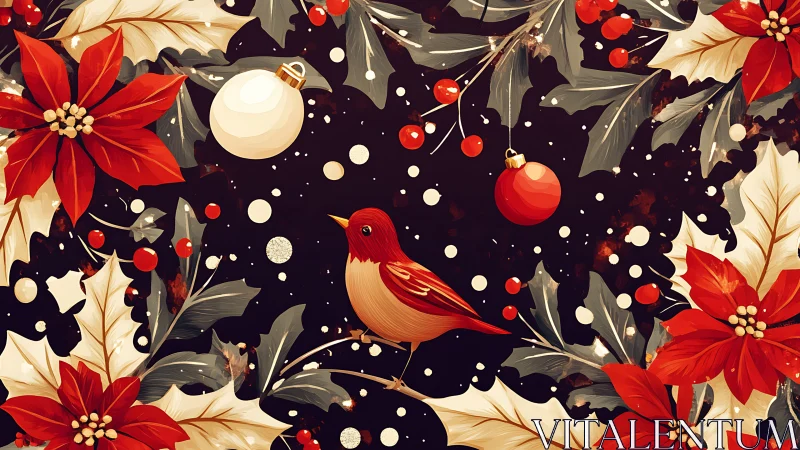 Festive red bird amid poinsettias, holly, and ornaments.