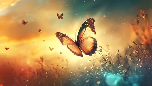 Vibrant Butterfly in Dreamy Meadow at Sunset, Digital Art Style.