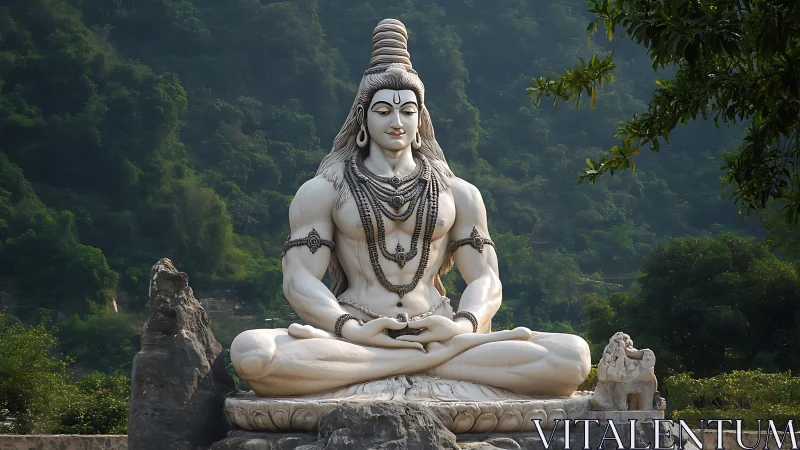 Mountain-seated Shiva statue radiates serene stone divinity.
