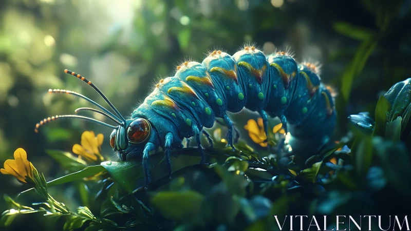 Bioluminescent blue caterpillar crawls through lush foliage