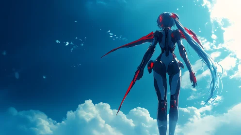 Cyborg warrior scans horizon above radiant summer clouds.