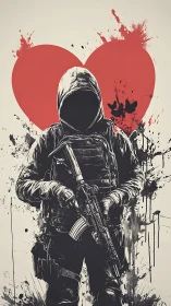 Hooded guardian with rifle before a splattered red heart.