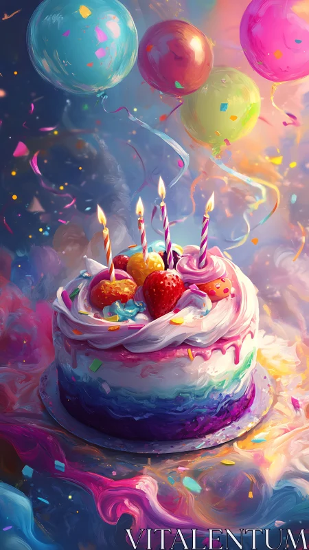 Vibrant Birthday Cake Surrounded by Colorful Balloons and Confetti