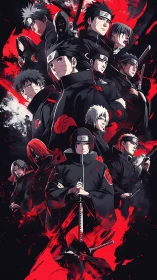 Group portrait of cloaked anime figures in red and black design
