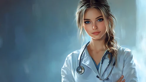 Confident female doctor in cool-toned digital portrait lighting.