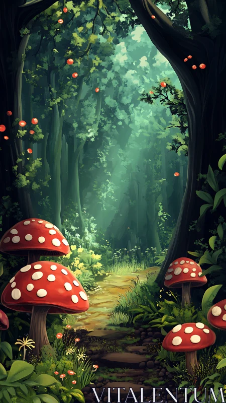 Enchanted Forest Path with Red Mushrooms and Floating Orbs