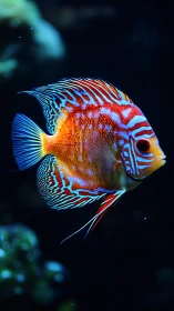 Colorful tropical fish in dark aquatic environment.