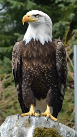 Regal bald eagle poised on stone in quiet forest light.