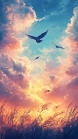 Backlit grassland and soaring birds under radiant sunset sky