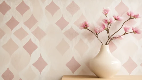 Minimalist cream vase with magnolia stems and pastel wall.