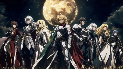 Moonlit vanguard of anime knights poised for celestial war.