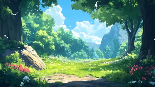 Sunlit Forest Valley Where Wonder Awaits.