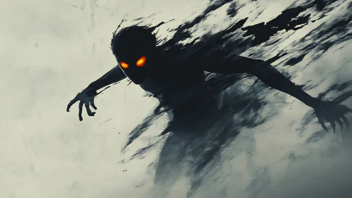 Shadow figure with glowing orange eyes emerges from smoke