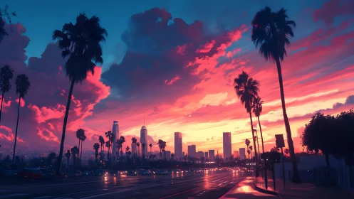 Parametric sunset over palm-lined arterial and neon skyline.