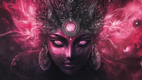 Celestial sorceress in radiant magenta inferno portrait.