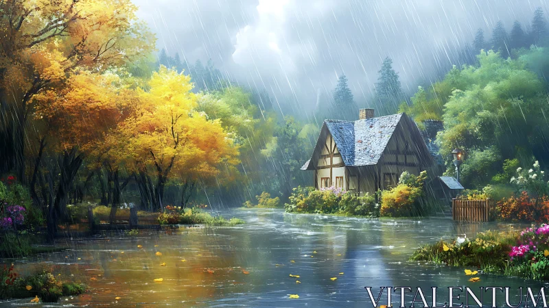 Rainstorms weave silver threads around a riverside cottage