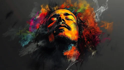 Portrait erupts in neon color against deep charcoal void.