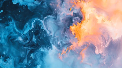 Abstract blue and orange fluid ink clouds in motion.
